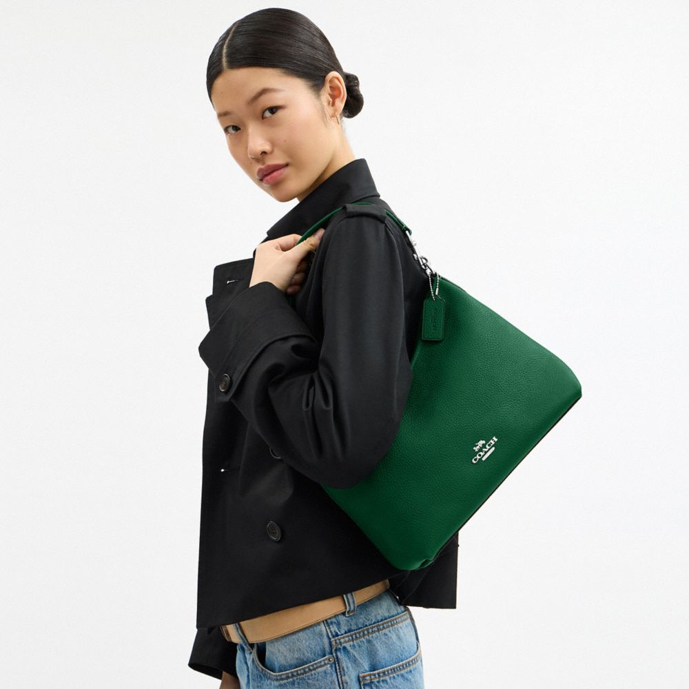 COACH®,Laurel Shoulder Bag,Leather,Hobo,Logo,Gold Metal,Casual,Emerald,Detail View
