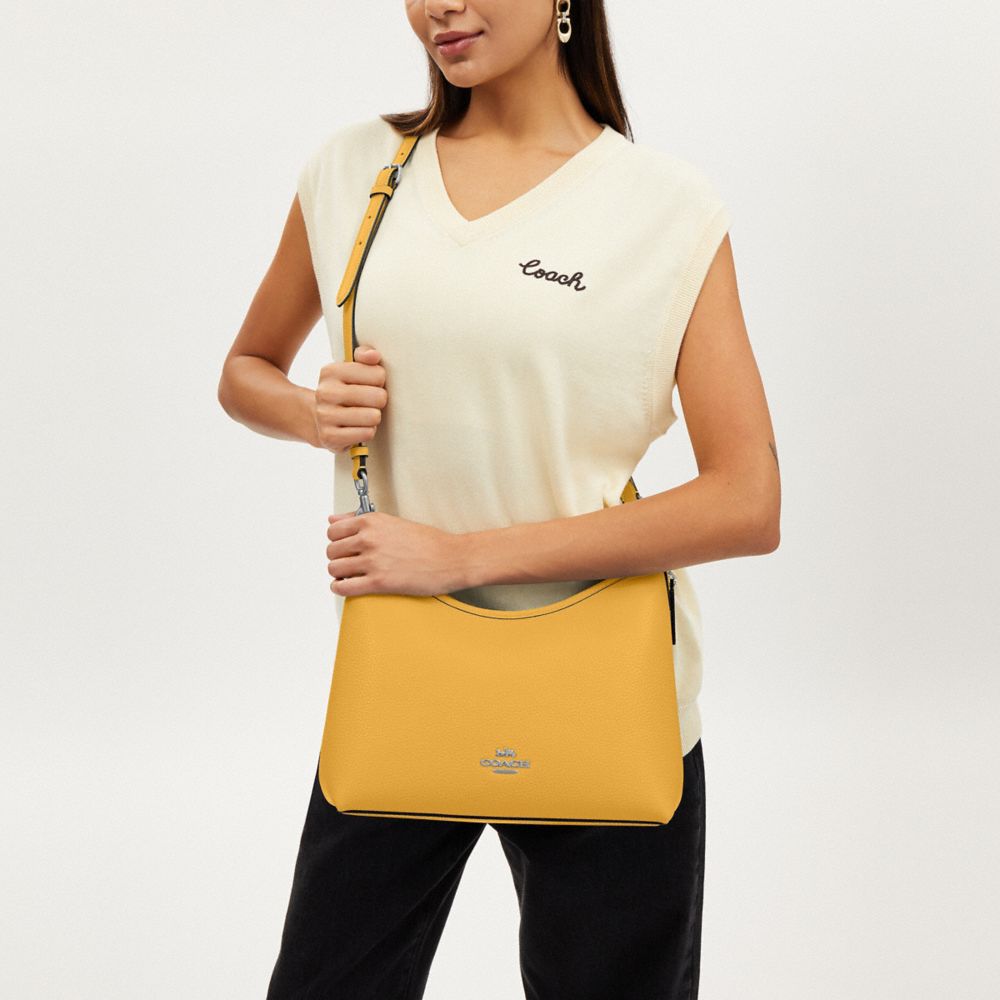 COACH®,Laurel Shoulder Bag,Leather,Hobo,Logo,Gold Metal,Casual,Yellow,Detail View