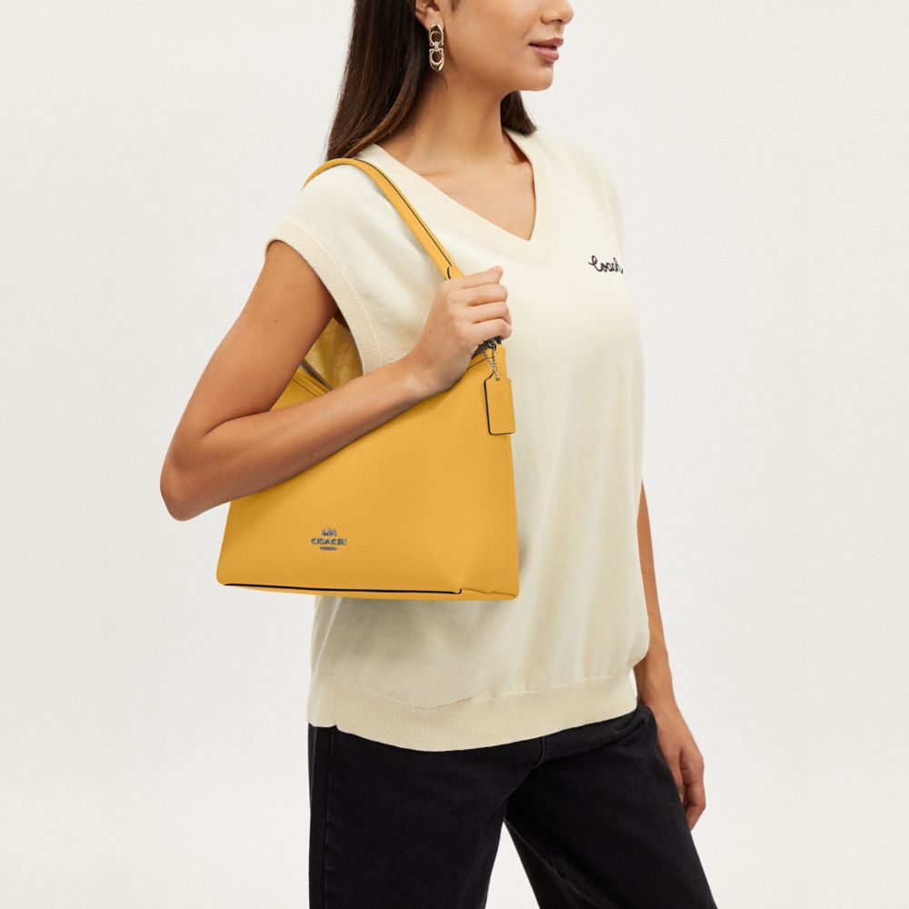 COACH®,Laurel Shoulder Bag,Leather,Hobo,Logo,Gold Metal,Casual,Yellow,Detail View