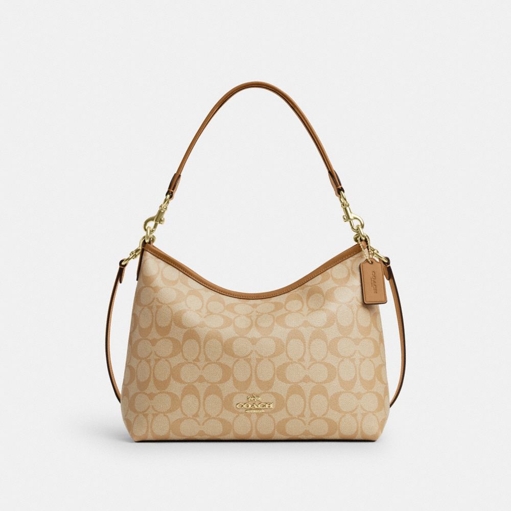 COACH®,LAUREL SHOULDER BAG IN SIGNATURE CANVAS,Signature Canvas,Medium,Gold/Lt Khaki/Lt Saddle,Front View image number 0