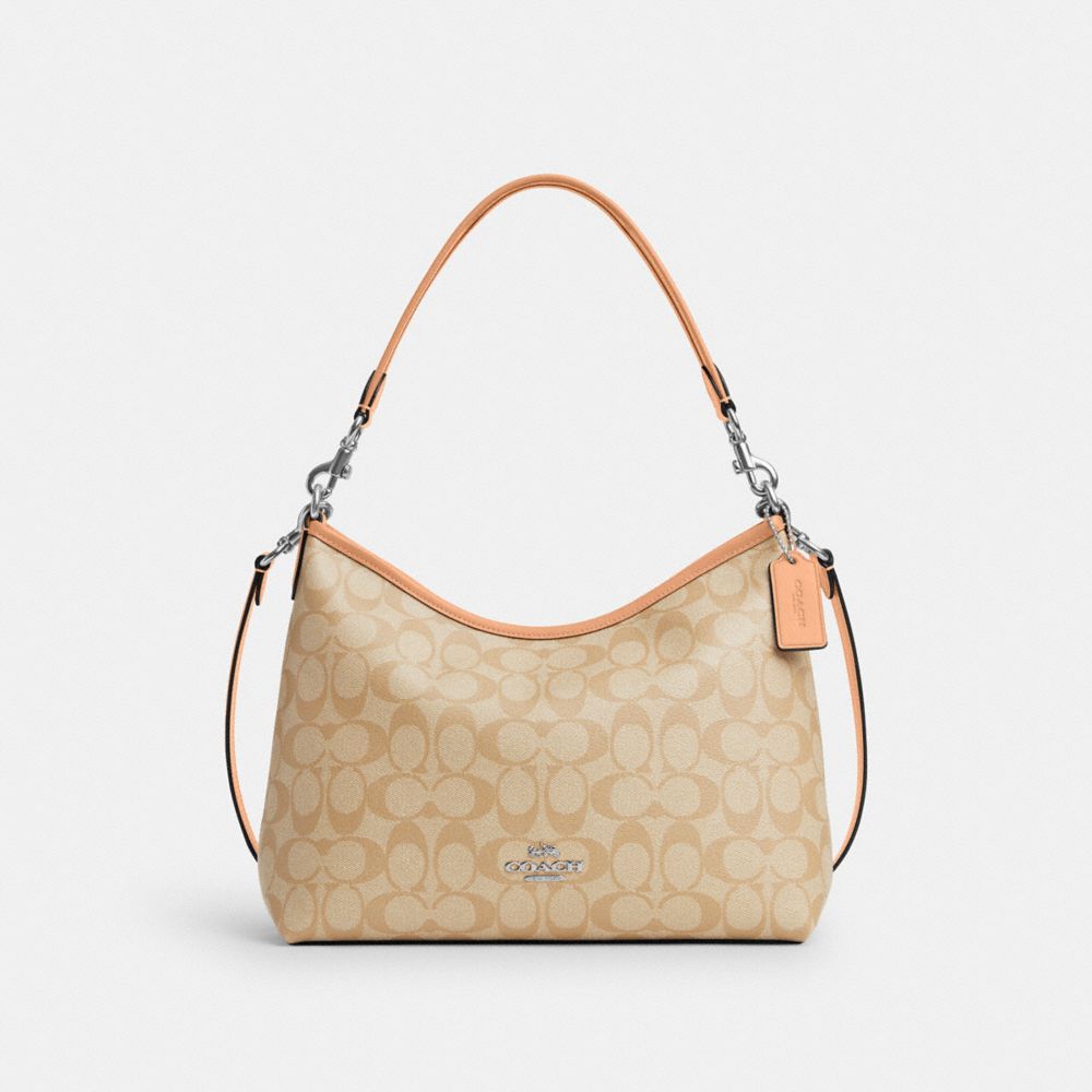 COACH®,Laurel Shoulder Bag In Signature Canvas,Canvas,Hobo,Logo,Piping,Gold Metal,Casual,Beige,Front View