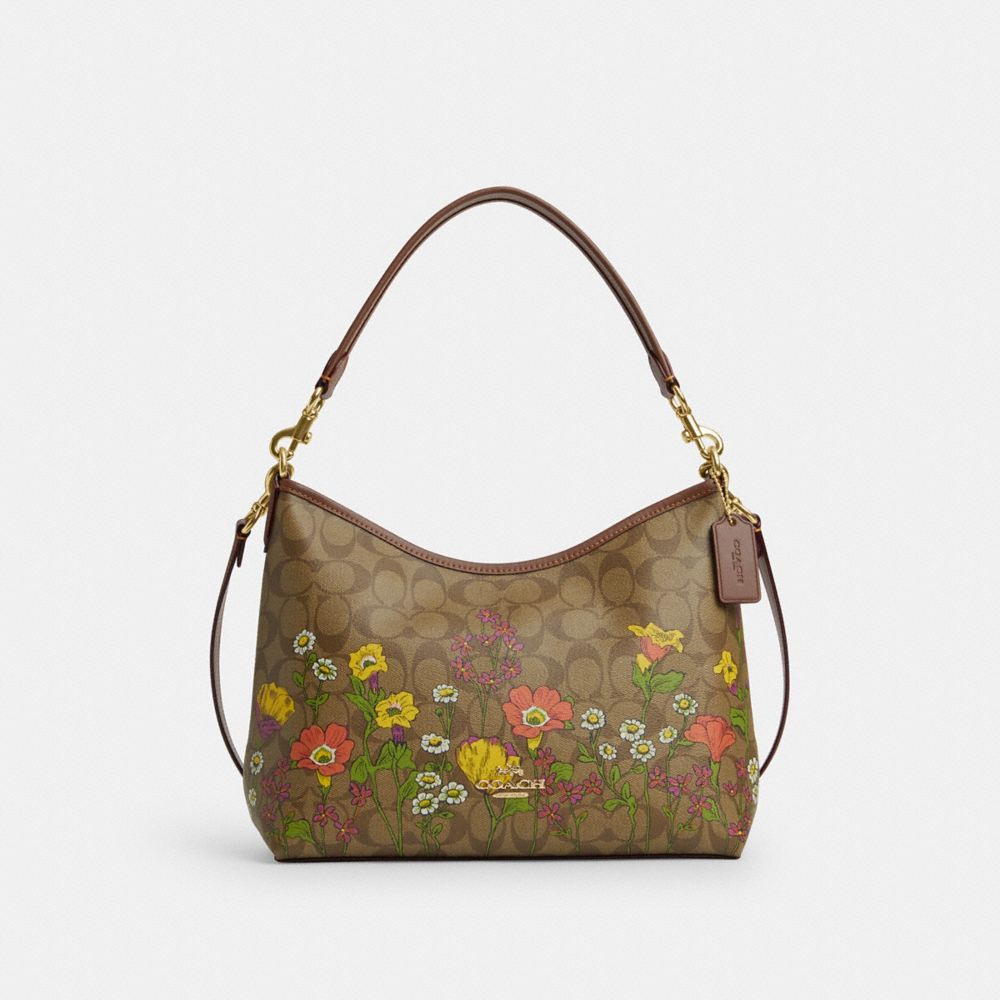 COACH®,SAC ÉPAULE LAUREL EN TOILE EXCLUSIVE AVEC MOTIF FLORAL,pvc,Or/Kaki Multi,Front View