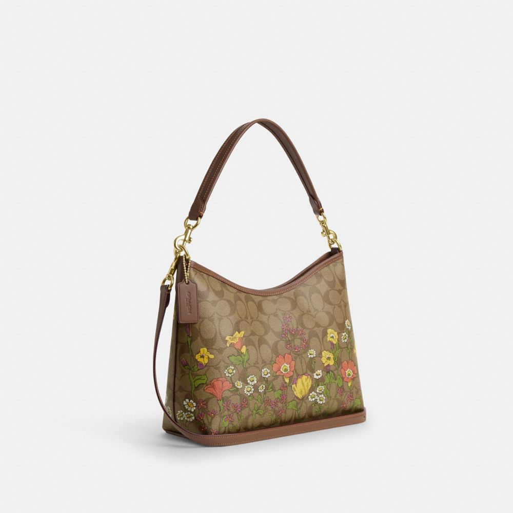 COACH®,LAUREL SHOULDER BAG IN SIGNATURE CANVAS WITH FLORAL PRINT,Signature Canvas,Medium,Gold/Khaki Multi,Angle View