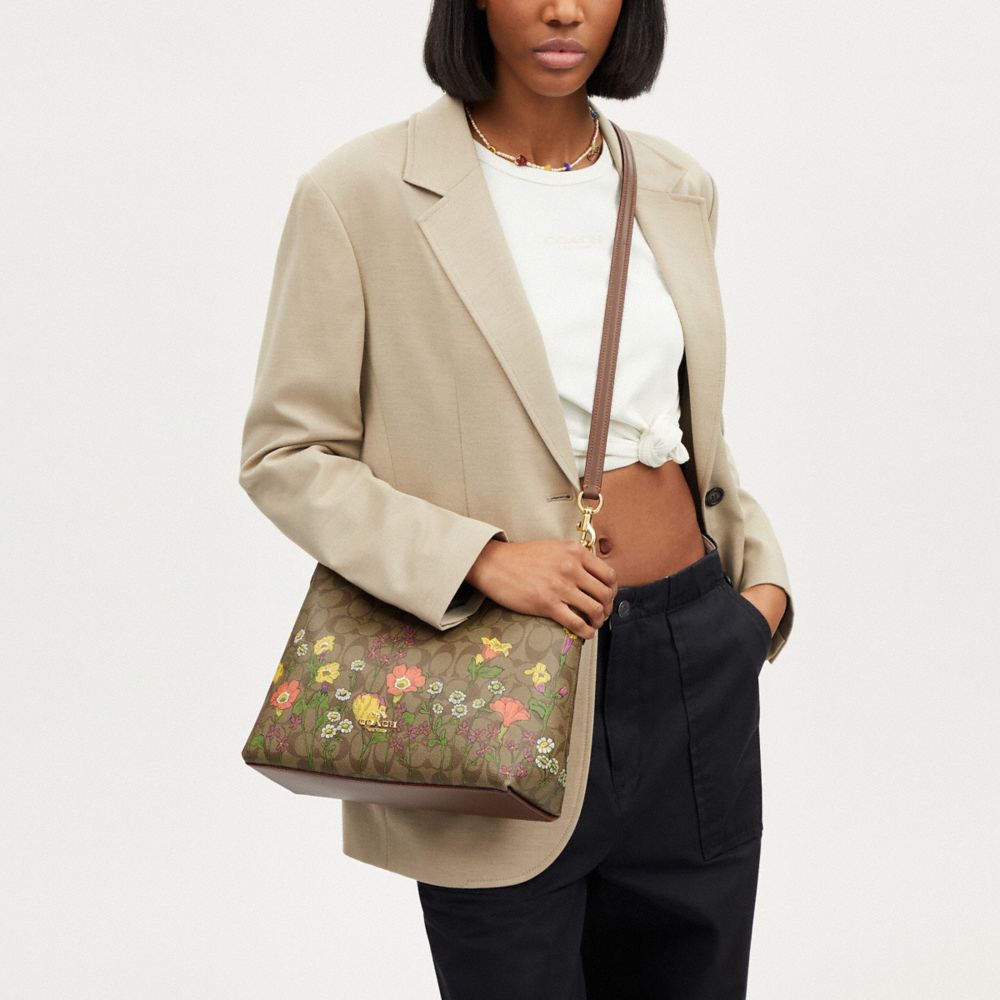 COACH®,Laurel Shoulder Bag In Signature Canvas With Floral Print,Canvas,Hobo,Logo,Gold Metal,Casual,Brown,Detail View