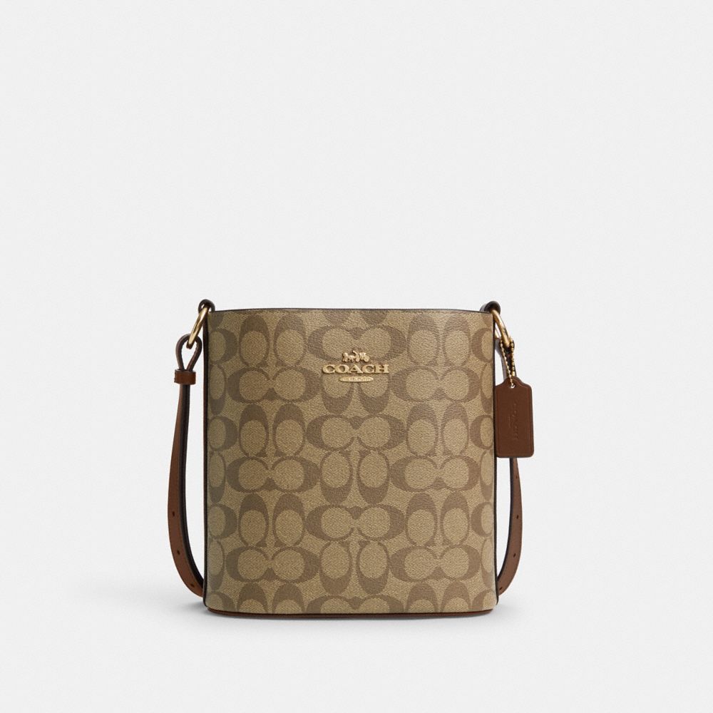 COACH®,SOPHIE BUCKET BAG IN SIGNATURE CANVAS,Signature Canvas,Medium,Gold/Khaki Saddle 2,Front View