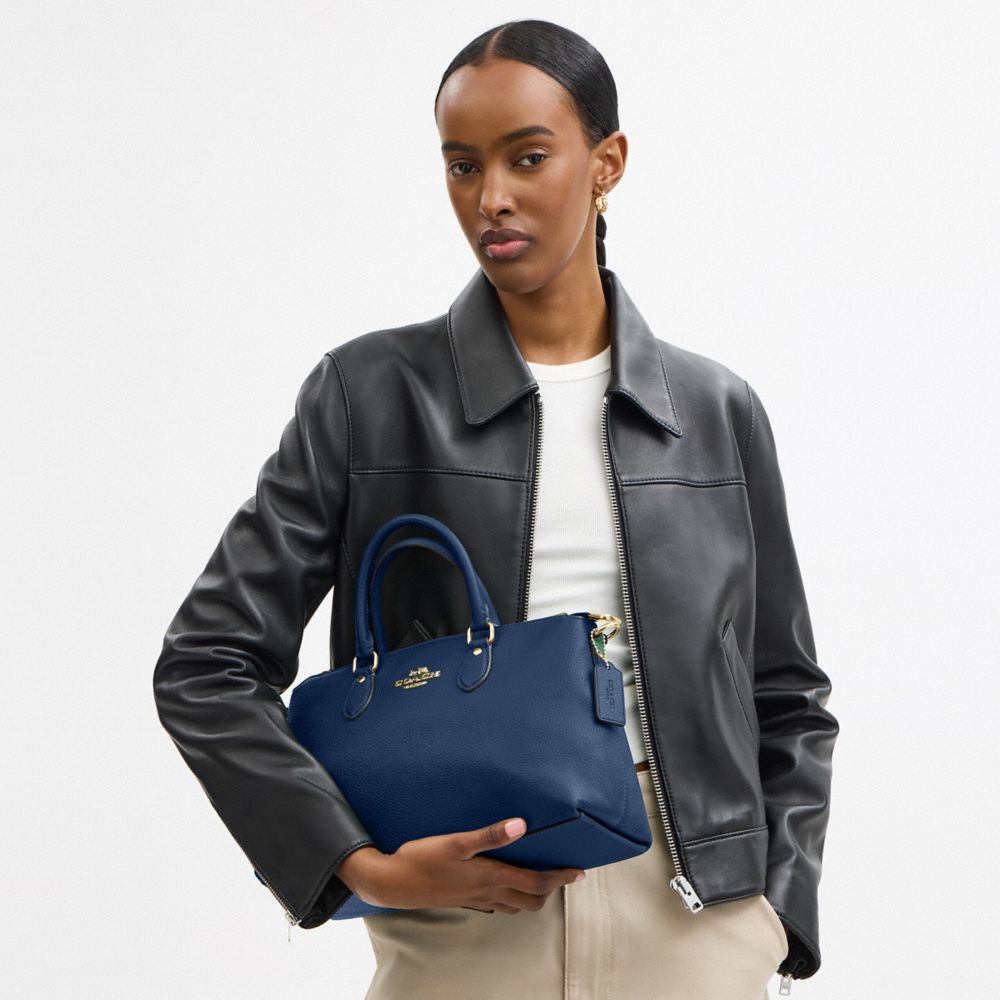 COACH®,Georgia Satchel Bag,Leather,Satchel,Logo,Work,Navy,Detail View