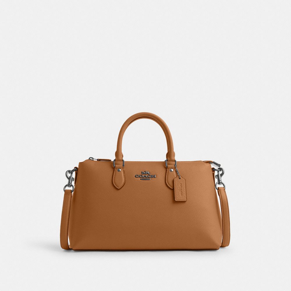 COACH®,GEORGIA SATCHEL,Leather,Medium,Silver/Light Saddle,Front View