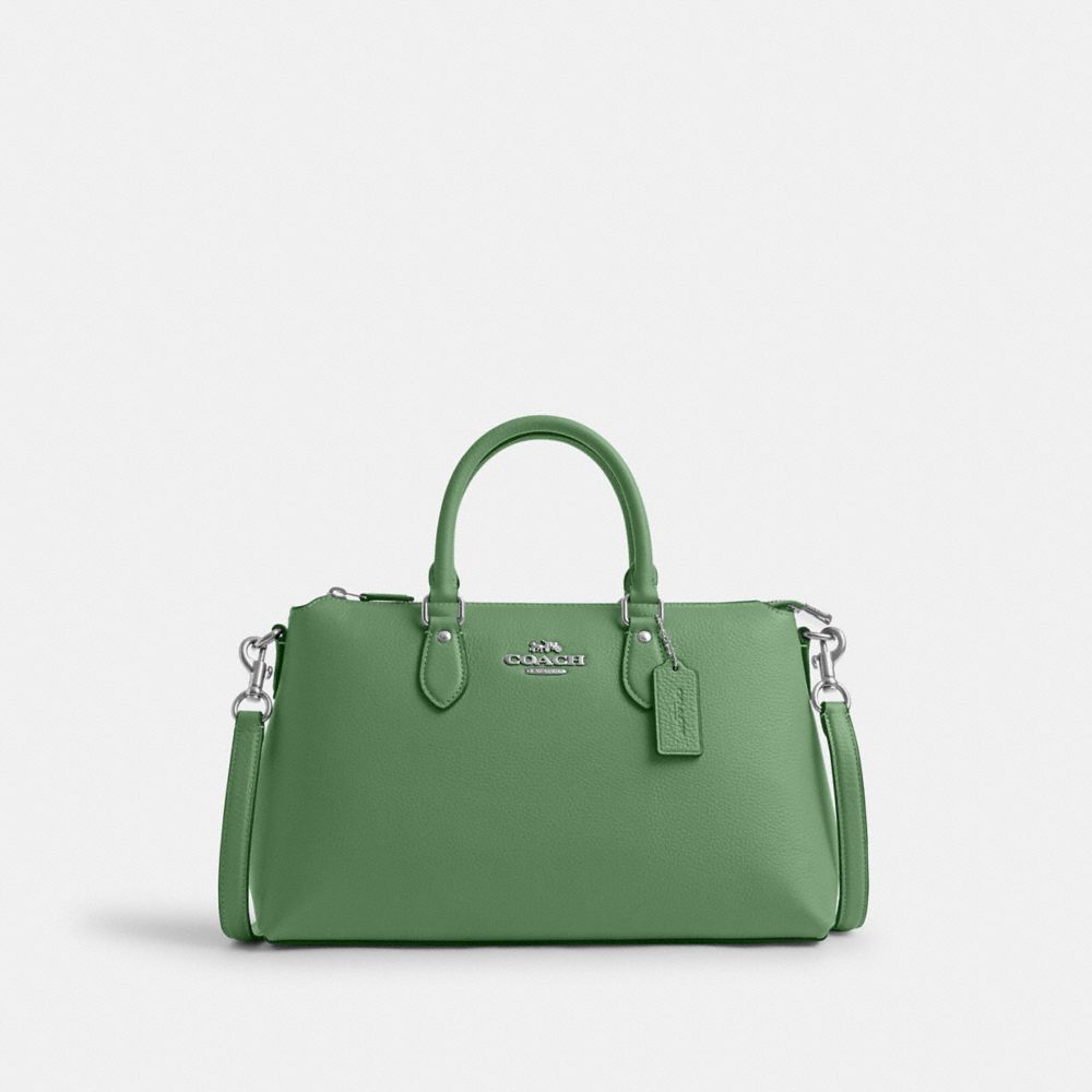 COACH®,GEORGIA SATCHEL,Pebbled Leather,Medium,Silver/Soft Green,Front View
