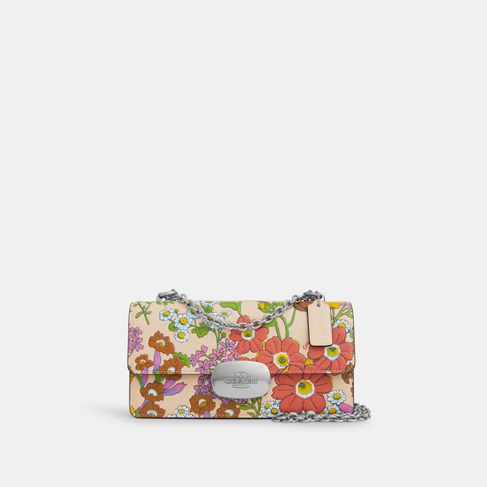 COACH®,ELIZA FLAP CROSSBODY BAG WITH FLORAL PRINT,Novelty Leather,Small,Silver/Ivory Multi,Front View