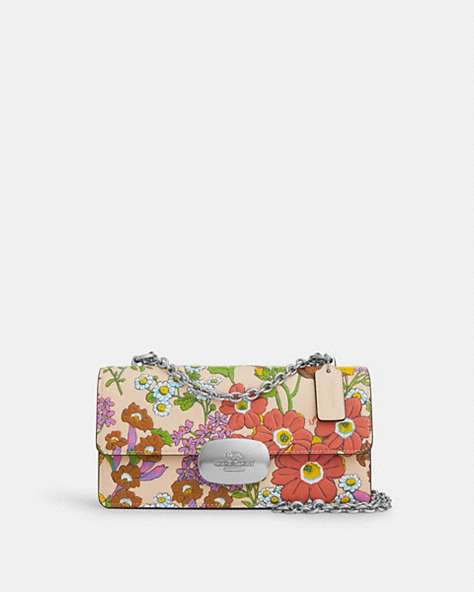 COACH®,ELIZA FLAP CROSSBODY BAG WITH FLORAL PRINT,Leather,Small,Silver/Ivory Multi,Front View