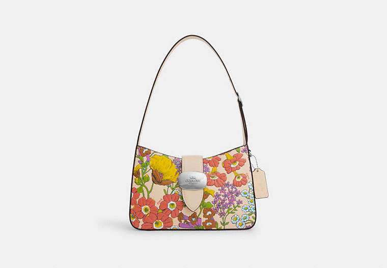 COACH®,ELIZA SHOULDER BAG WITH FLORAL PRINT,Leather,Medium,Silver/Ivory Multi,Front View