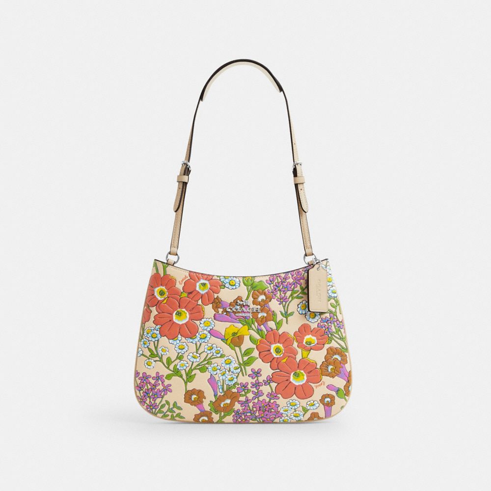 COACH®,PENELOPE SHOULDER BAG WITH FLORAL PRINT,Leather,Mini,Silver/Ivory Multi,Front View