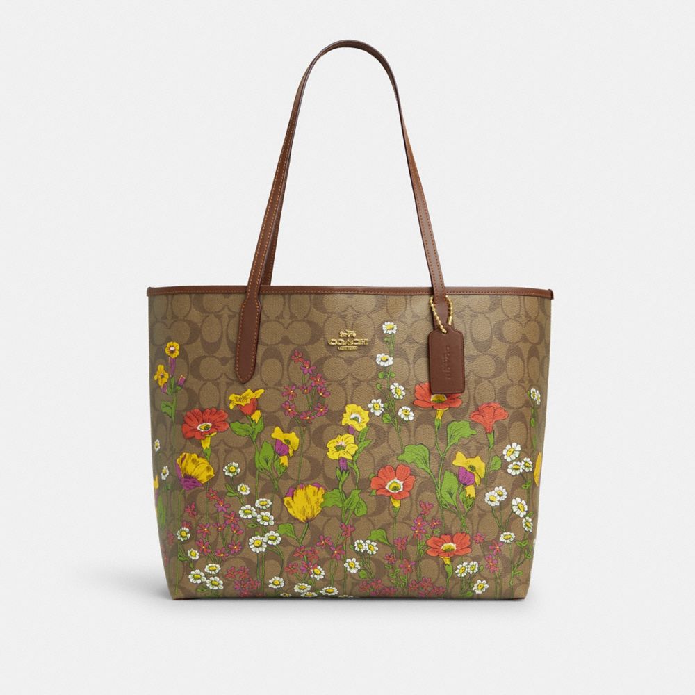 COACH®,CITY TOTE BAG IN SIGNATURE CANVAS WITH FLORAL PRINT,Signature Canvas,X-Large,Gold/Khaki Multi,Front View