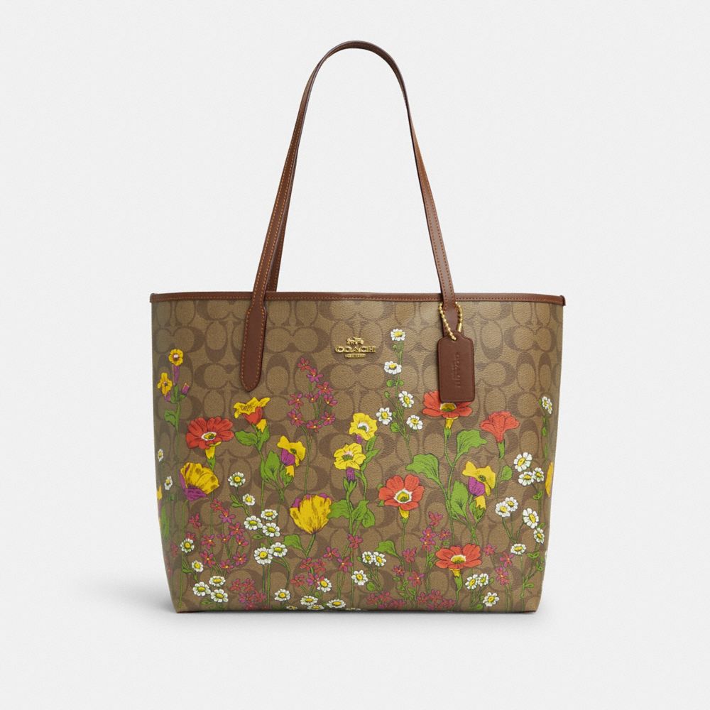 Gold Khaki Multi City Tote Bag In Signature Canvas With Floral Print