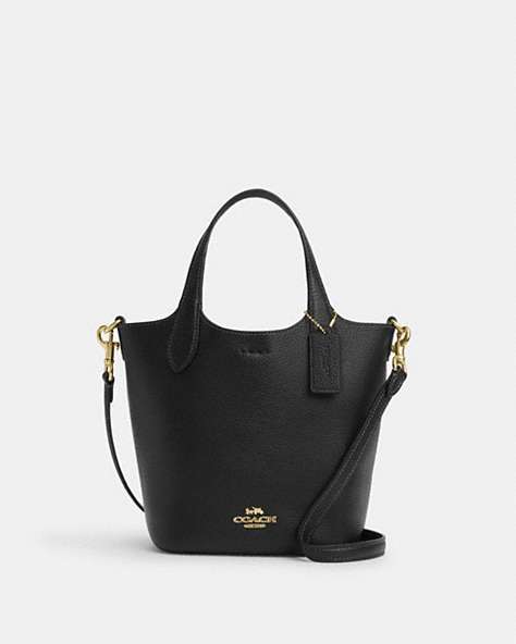 COACH®,HANNA BUCKET BAG,Leather,Large,Gold/Black,Front View