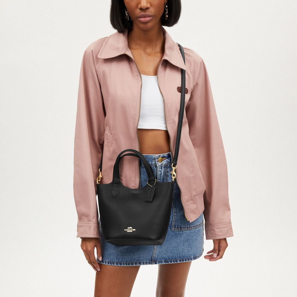 COACH®,Hanna Bucket Bag,Leather,Bucket,Logo,Silver Metal,Casual,Black,Detail View