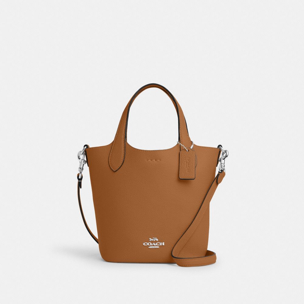 COACH®,Hanna Bucket Bag,Leather,Bucket,Logo,Silver Metal,Casual,Brown,Front View