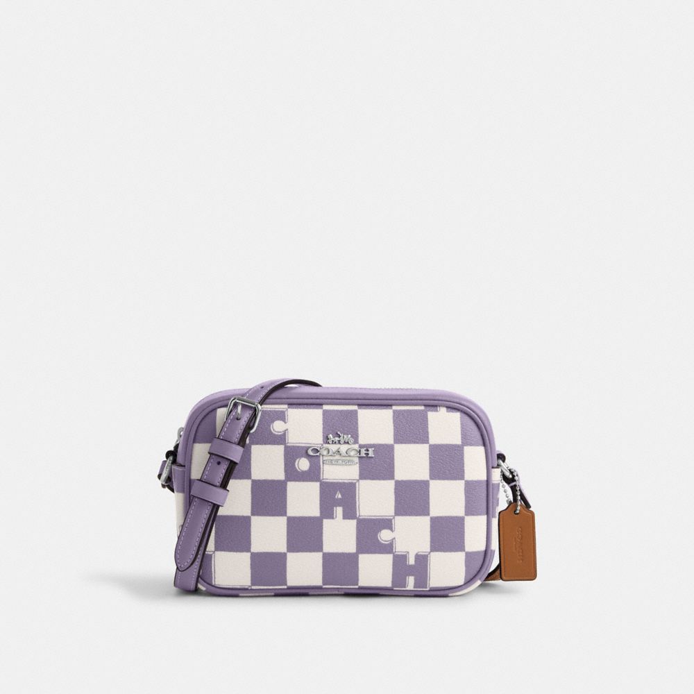 COACH®,MINI JAMIE CAMERA BAG WITH CHECKERBOARD PRINT,Novelty Print,Small,Silver/Light Violet/Chalk,Front View