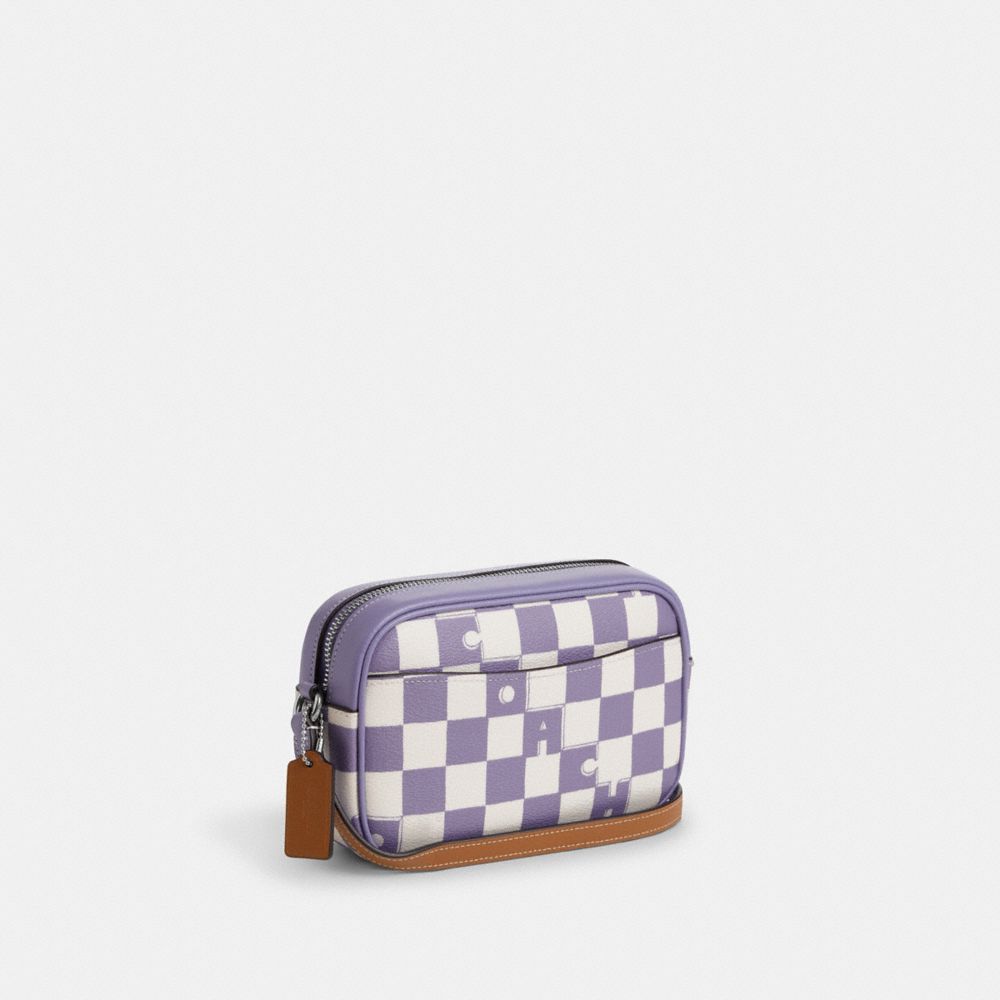COACH®,MINI JAMIE CAMERA BAG WITH CHECKERBOARD PRINT,Novelty Print,Small,Silver/Light Violet/Chalk,Angle View