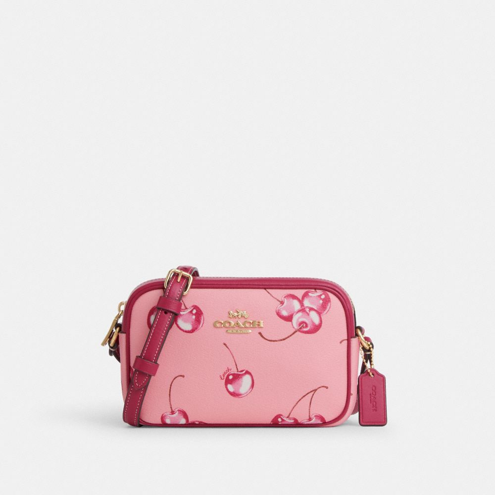 COACH®,MINI JAMIE CAMERA BAG WITH CHERRY PRINT,Novelty Print,Small,Im/Flower Pink/Bright Violet,Front View image number 0