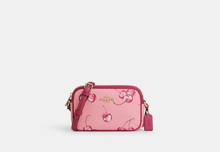 COACH®,MINI JAMIE CAMERA BAG WITH CHERRY PRINT,pvc,Im/Flower Pink/Bright Violet,Front View image number 0