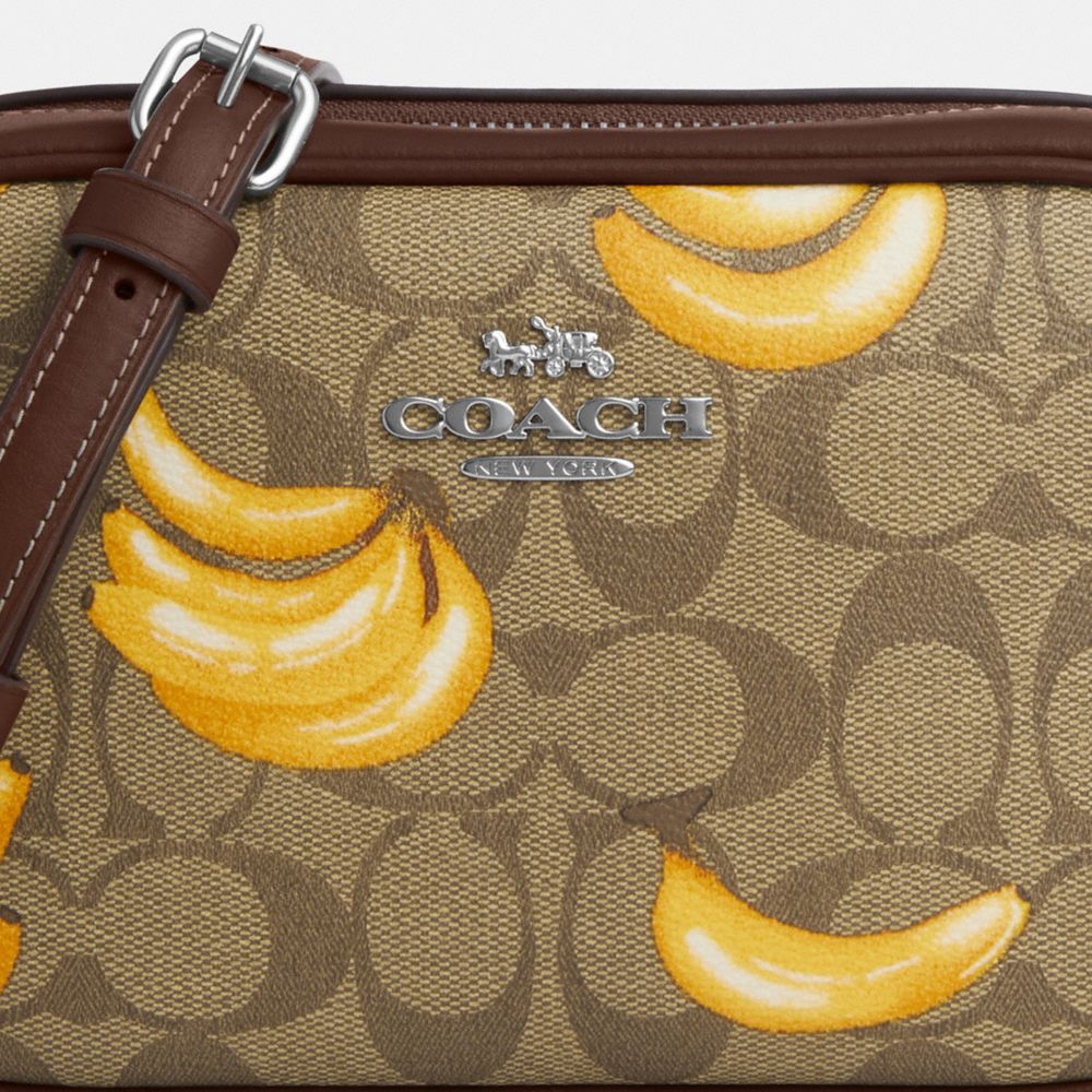 COACH®,Mini Jamie Camera Bag In Signature Canvas With Banana Print,Canvas,Camera Bag,Graphic,Logo,Silver Metal,Casual,Day ...,Brown