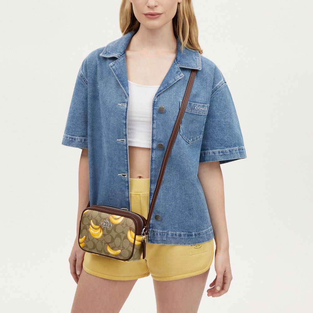 COACH®,Mini Jamie Camera Bag In Signature Canvas With Banana Print,Canvas,Camera Bag,Graphic,Logo,Silver Metal,Casual,Day ...,Brown,Detail View
