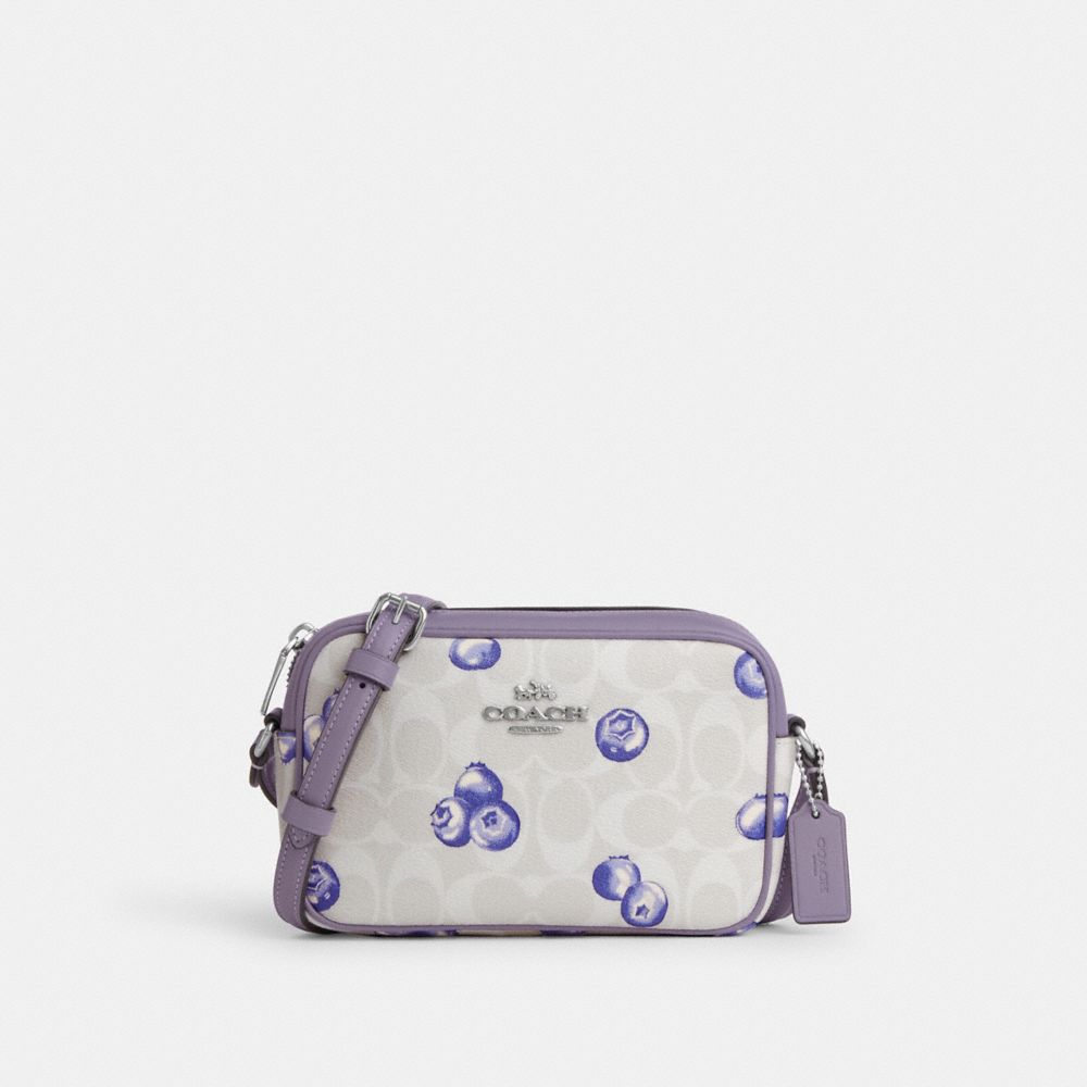 COACH®,MINI JAMIE CAMERA BAG IN SIGNATURE CANVAS WITH BLUEBERRY PRINT,pvc,Silver/Chalk/Light Violet,Front View
