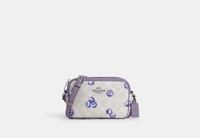 COACH®,MINI JAMIE CAMERA BAG IN SIGNATURE CANVAS WITH BLUEBERRY PRINT,pvc,Silver/Chalk/Light Violet,Front View image number 0
