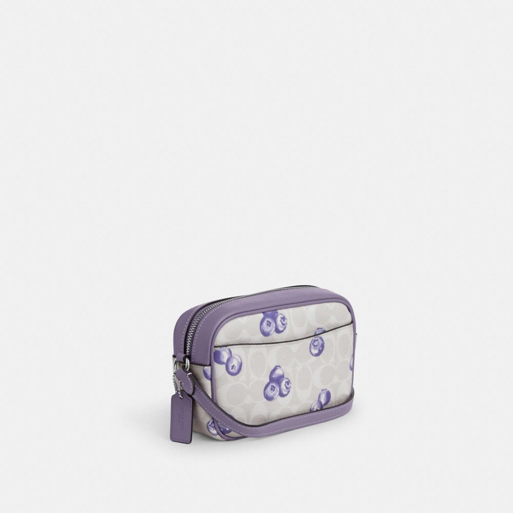 COACH®,MINI JAMIE CAMERA BAG IN SIGNATURE CANVAS WITH BLUEBERRY PRINT,Signature Canvas,Small,Silver/Chalk/Light Violet,Angle View