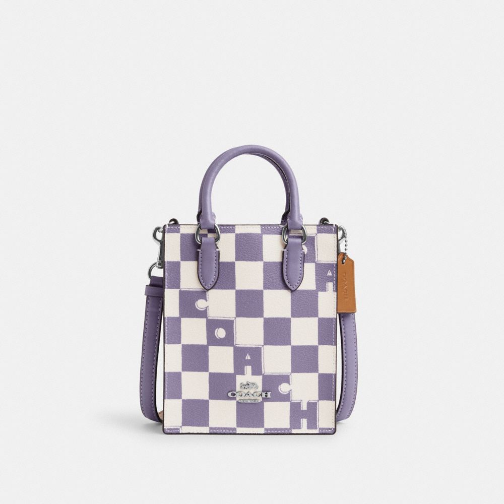 COACH®,NORTH SOUTH MINI TOTE WITH CHECKERBOARD PRINT,Novelty Print,Mini,Silver/Light Violet/Chalk,Front View