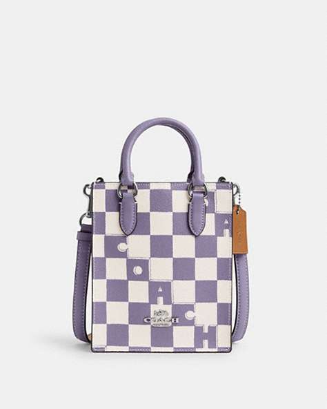 COACH®,NORTH SOUTH MINI TOTE WITH CHECKERBOARD PRINT,pvc,Silver/Light Violet/Chalk,Front View