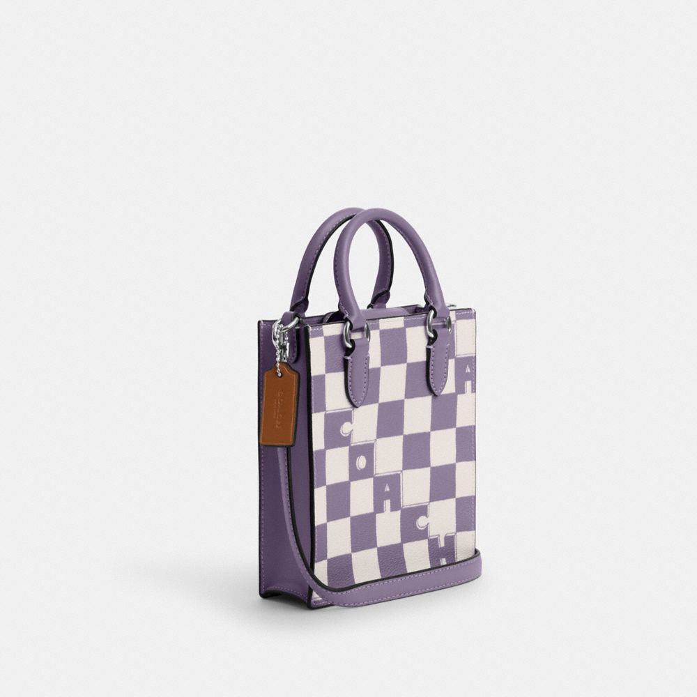 COACH®,NORTH SOUTH MINI TOTE WITH CHECKERBOARD PRINT,Novelty Print,Mini,Silver/Light Violet/Chalk,Angle View