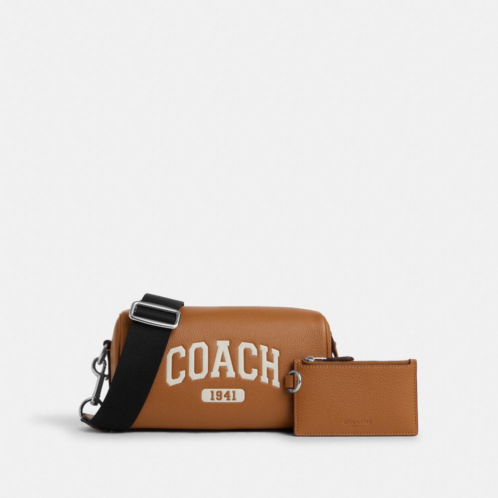 COACH®,AXEL CROSSBODY WITH VARSITY,Silver/Light Saddle,Front View