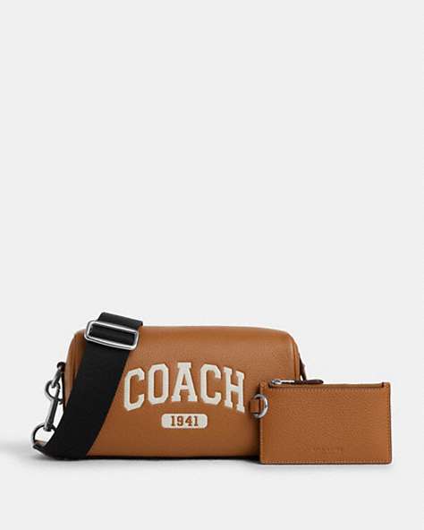 COACH®,AXEL CROSSBODY WITH VARSITY,Leather,Silver/Light Saddle,Front View