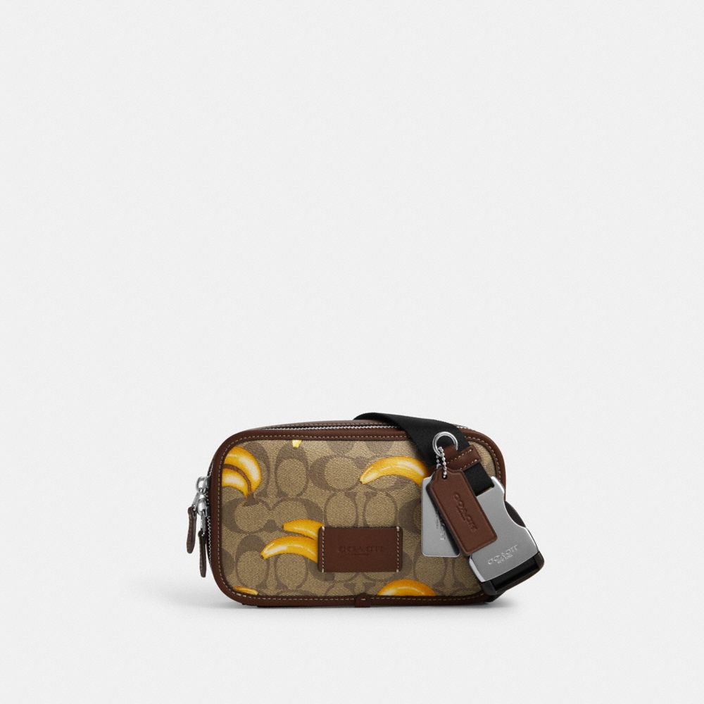 COACH®,WYATT BELT BAG IN SIGNATURE CANVAS WITH BANANA PRINT,Mini,Silver/Khaki/Dark Saddle,Front View