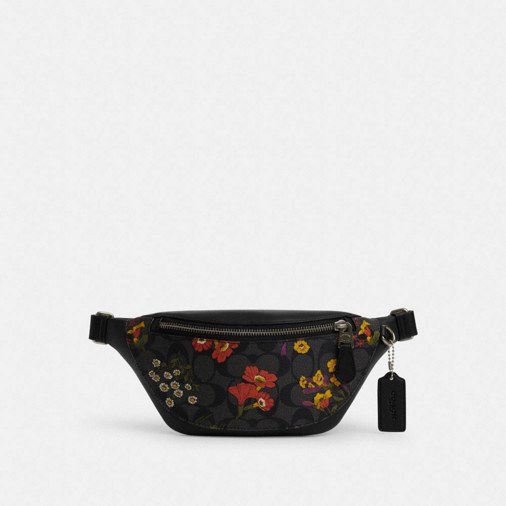 COACH®,WARREN MINI BELT BAG IN SIGNATURE CANVAS WITH FLORAL PRINT,Small,Gunmetal/Charcoal Multi,Front View