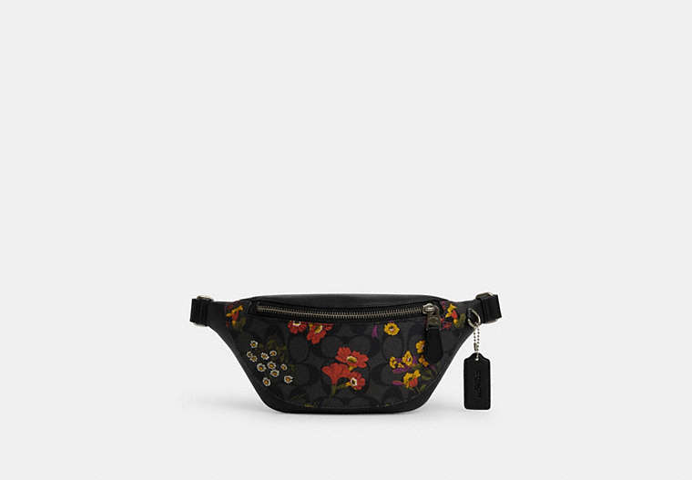 COACH®,WARREN MINI BELT BAG IN SIGNATURE CANVAS WITH FLORAL PRINT,pvc,Small,Gunmetal/Charcoal Multi,Front View