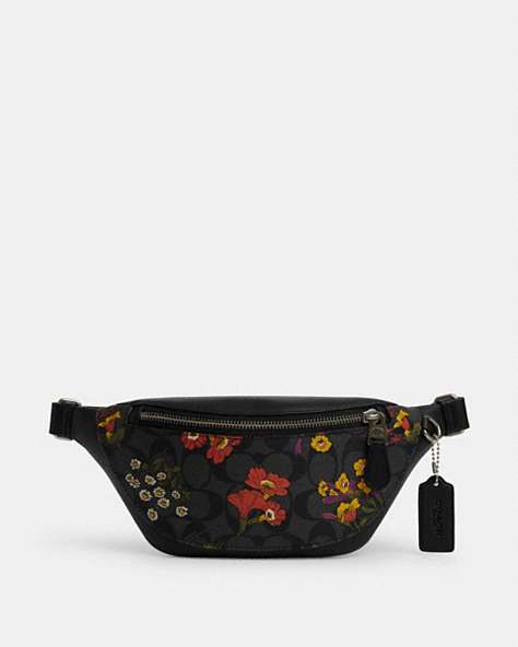 COACH®,WARREN MINI BELT BAG IN SIGNATURE CANVAS WITH FLORAL PRINT,pvc,Small,Gunmetal/Charcoal Multi,Front View