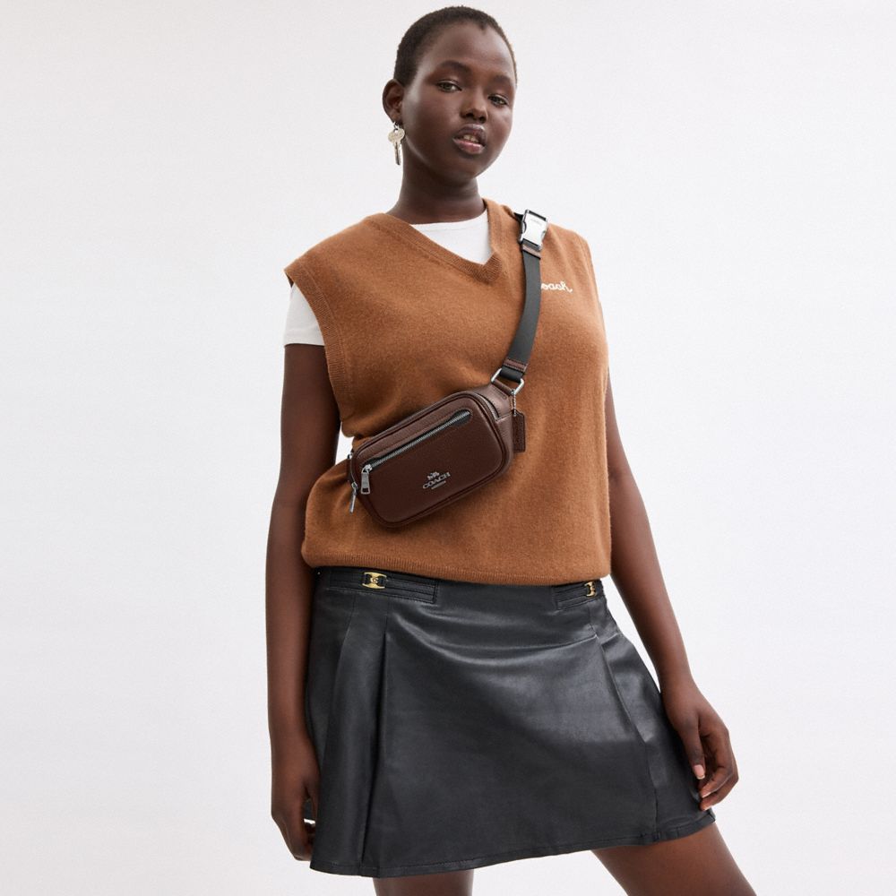 COACH®,Elias Mini Belt Bag,Leather,Belt Bag,Logo,Chest Waist Strap,Casual,Brown,Angle View