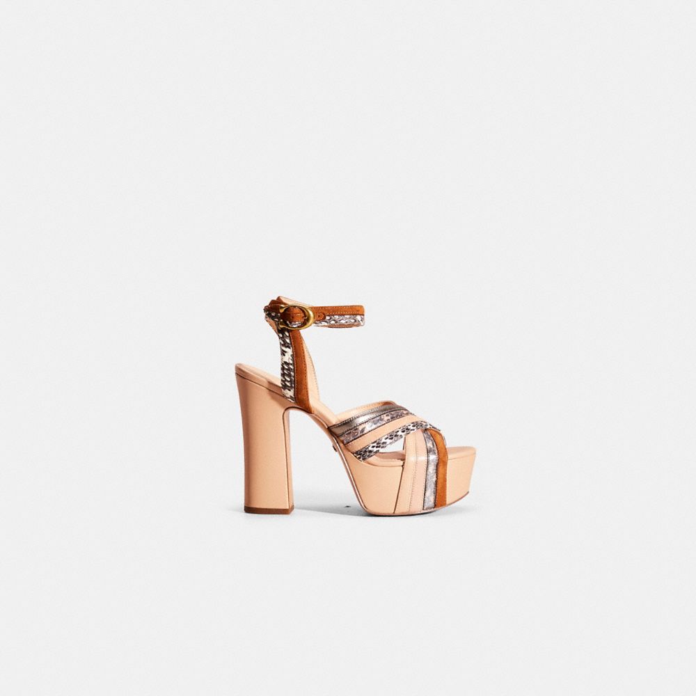 COACH®,RESTORED DENNA SANDAL,Snakeskin Leather,Beechwood/Gunmetal Multi,Front View