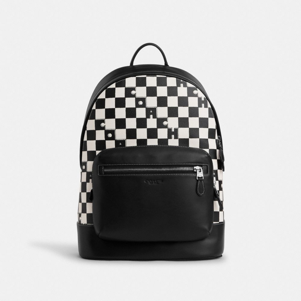 COACH®,WEST BACKPACK WITH CHECKERBOARD PRINT,Novelty Print,X-Large,Silver/Black/Chalk,Front View