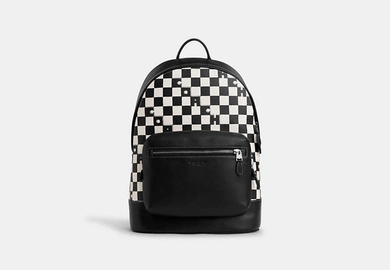 COACH®,WEST BACKPACK WITH CHECKERBOARD PRINT,Leather,X-Large,Silver/Black/Chalk,Front View image number 0