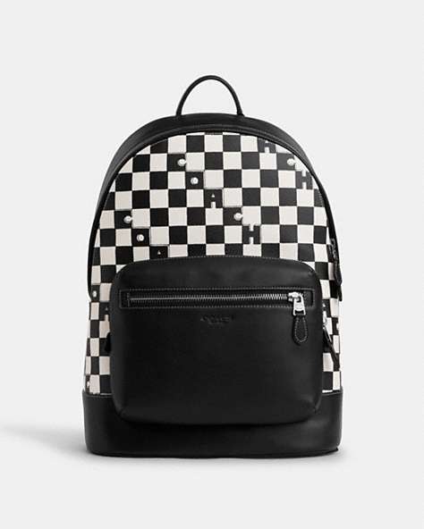 COACH®,WEST BACKPACK WITH CHECKERBOARD PRINT,Leather,X-Large,Silver/Black/Chalk,Front View