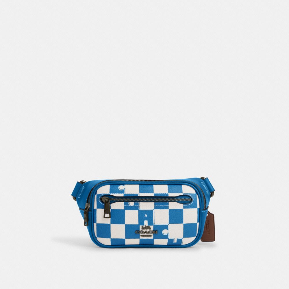 COACH®,ELIAS MINI BELT BAG WITH CHECKERBOARD PRINT,Mini,Black Antique Nickel/Blue Jay/Chalk,Front View