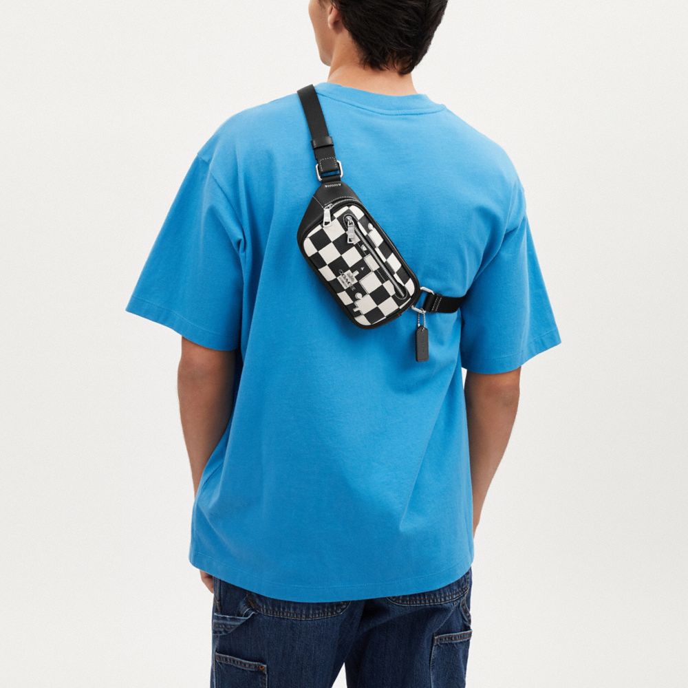 COACH®,Elias Mini Belt Bag With Checkerboard Print,Calfskin Leather,Canvas,Belt Bag,Logo,Word Embellishment,Chest Waist St...,Multi Color,Detail View