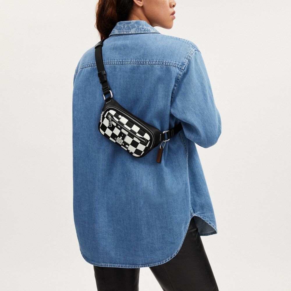 COACH®,Elias Mini Belt Bag With Checkerboard Print,Calfskin Leather,Canvas,Belt Bag,Logo,Word Embellishment,Chest Waist St...,Multi Color,Angle View