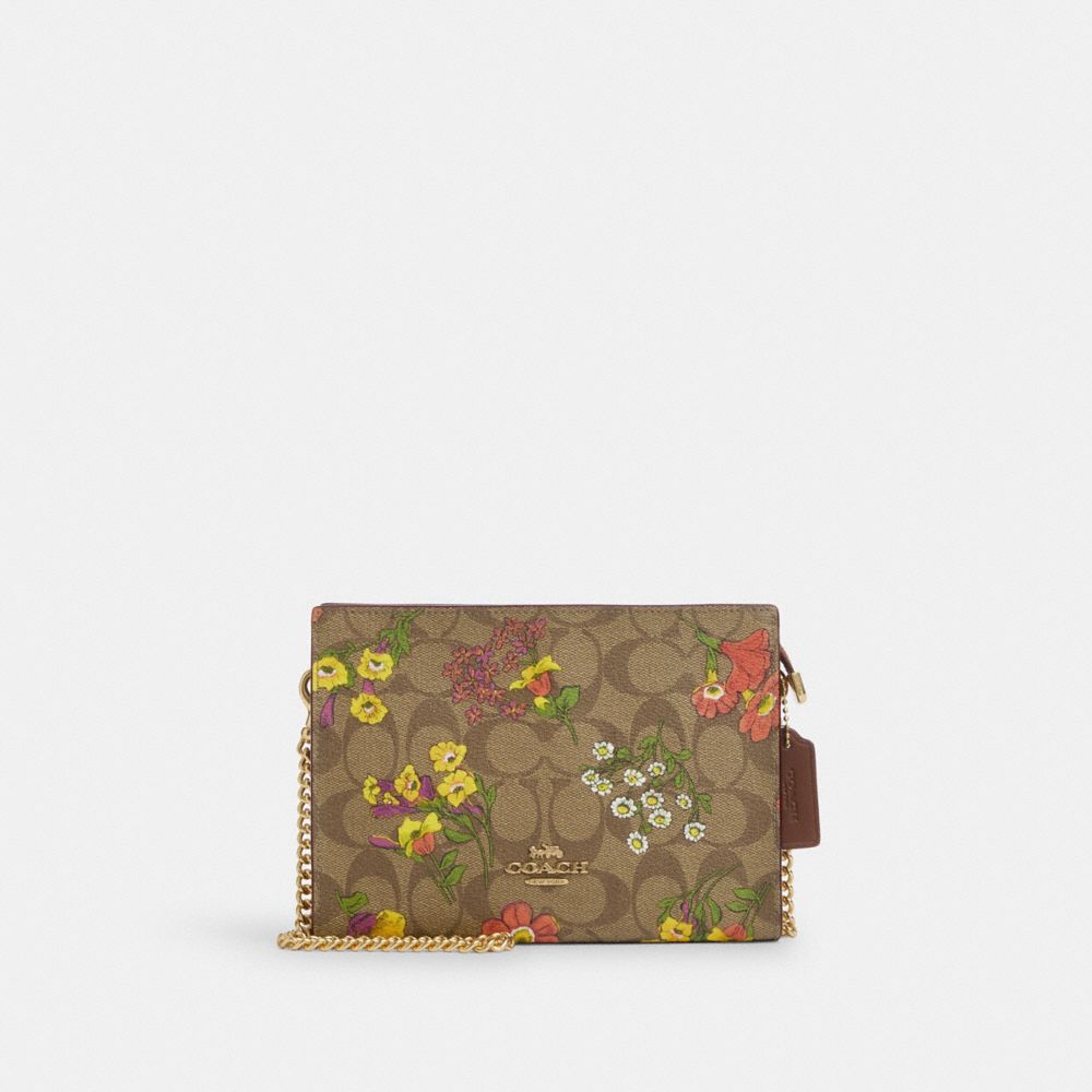 COACH®,SLIM CROSSBODY IN SIGNATURE CANVAS WITH FLORAL PRINT,Signature Canvas,Mini,Gold/Khaki Multi,Front View