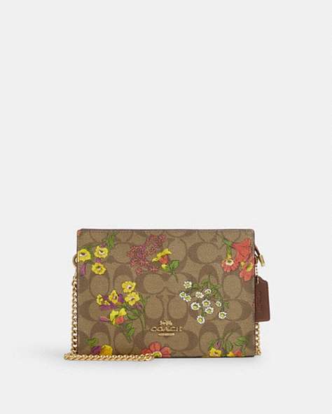 COACH®,SLIM CROSSBODY IN SIGNATURE CANVAS WITH FLORAL PRINT,pvc,Gold/Khaki Multi,Front View