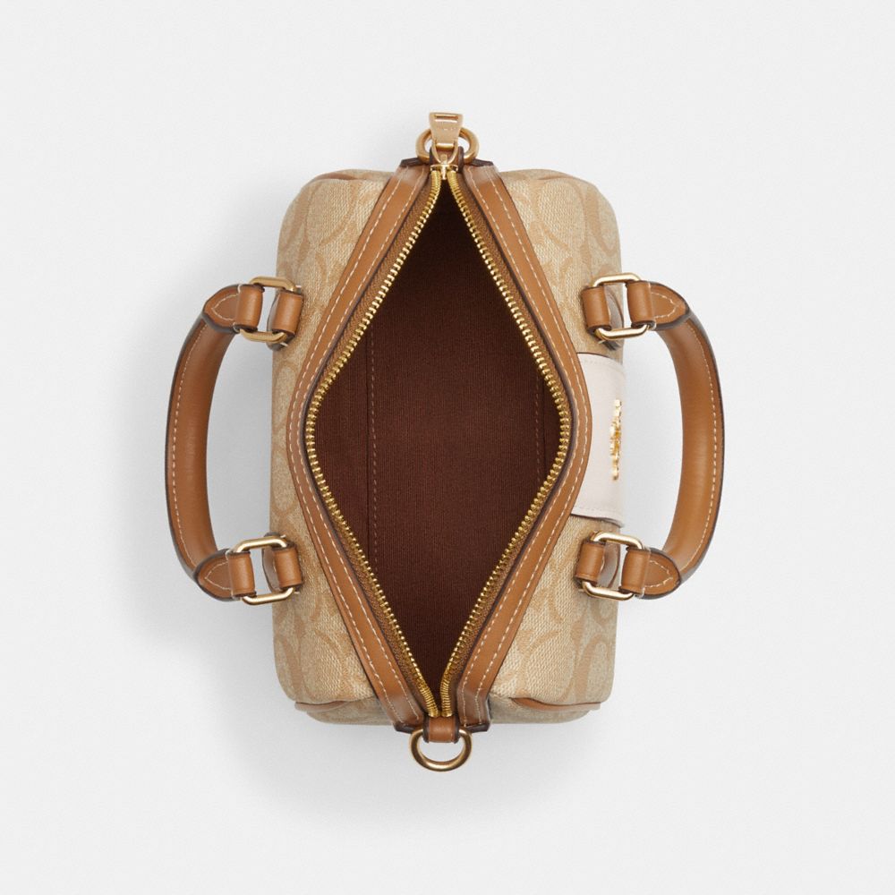 COACH®,Mini Rowan Crossbody In Signature Canvas With Stripe,Canvas,Leather,Satchel,Piping,Color Block,Logo,Casual,Beige,Inside View,Top View